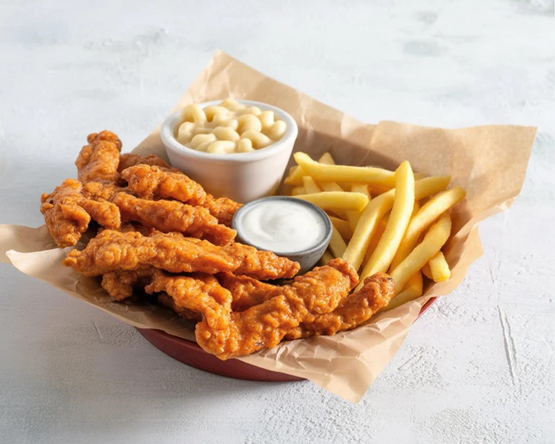 Chili's Honey Chipotle Chicken Crispers served with mac & cheese and fries.