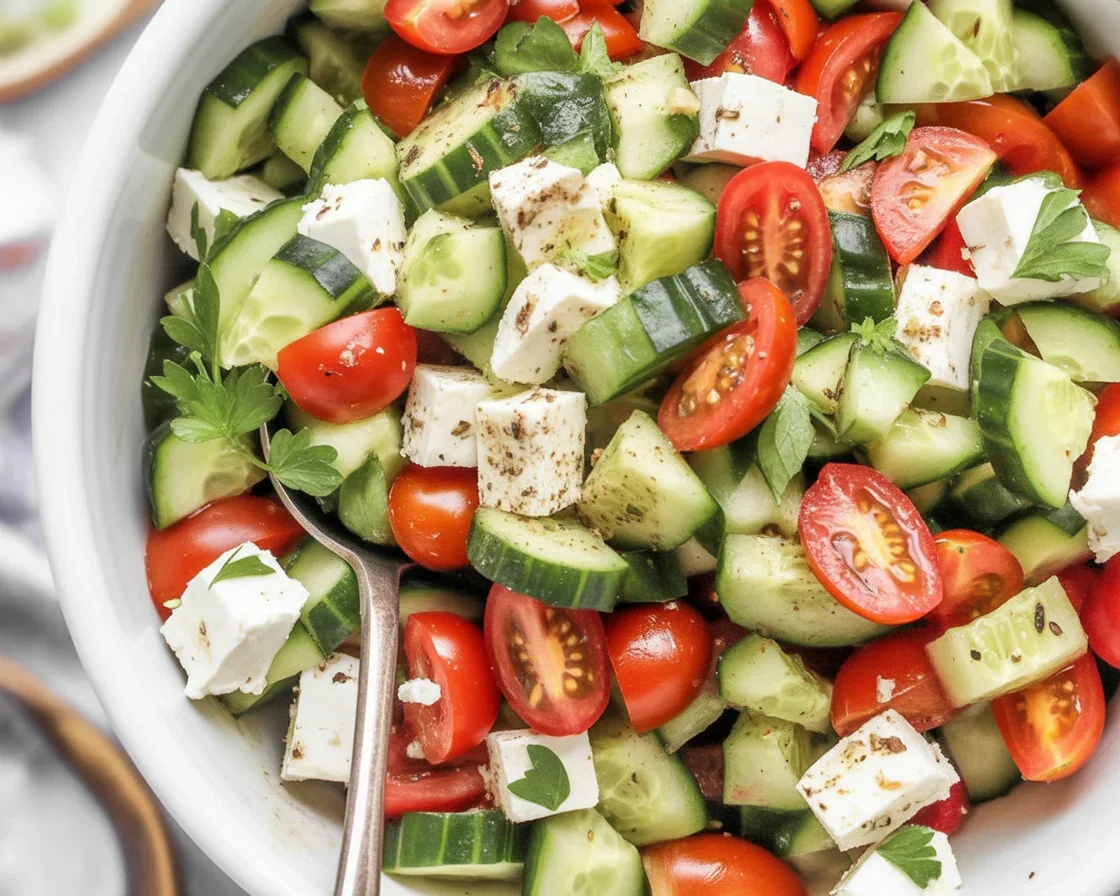 Refreshing cucumber feta salad with creamy feta, cucumbers, fresh herbs, and lemon dressing.