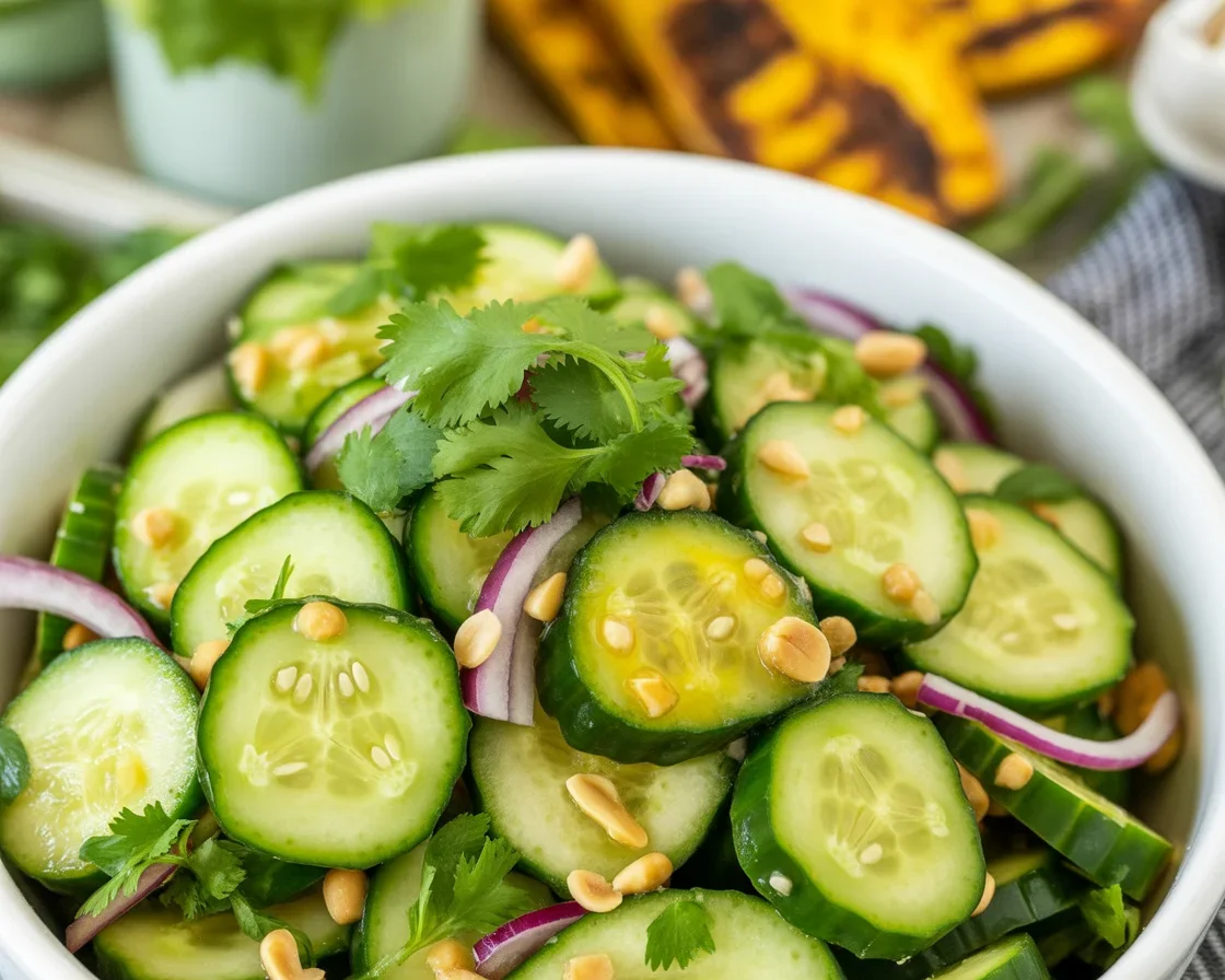 Bowl of refreshing Thai cucumber salad with peanuts, red onions, and herbs.