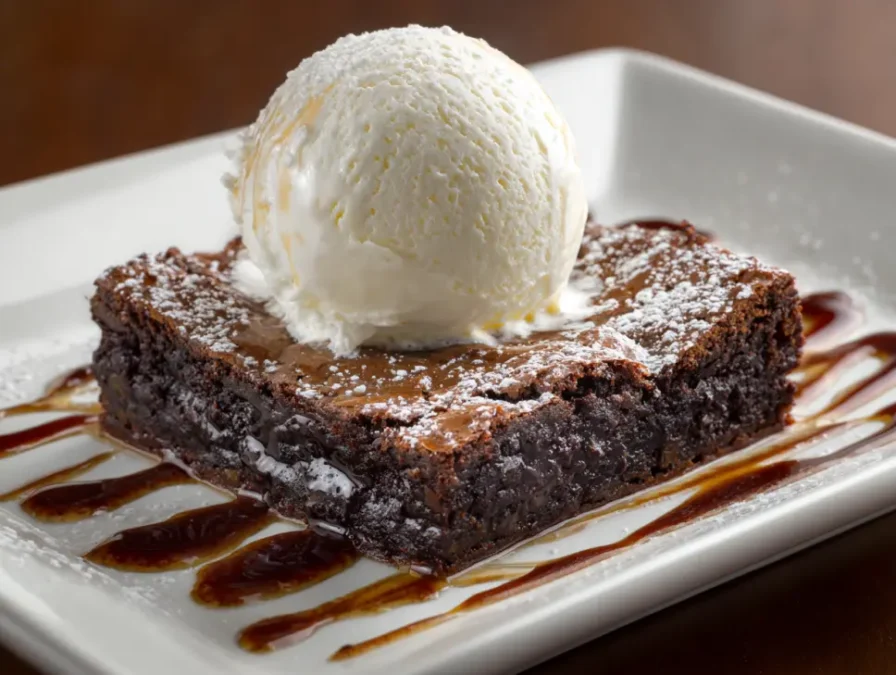 Brownie topped with ice cream