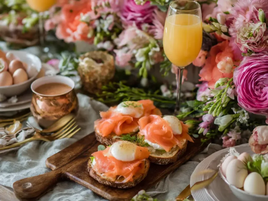 Brunch table with smoked salmon and avocado eggs royale.