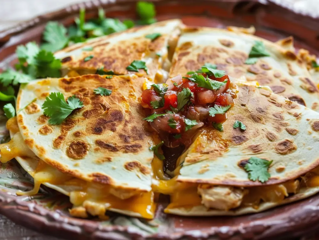Chicken quesadilla with golden tortilla, melted cheese, chicken, and salsa on a plate