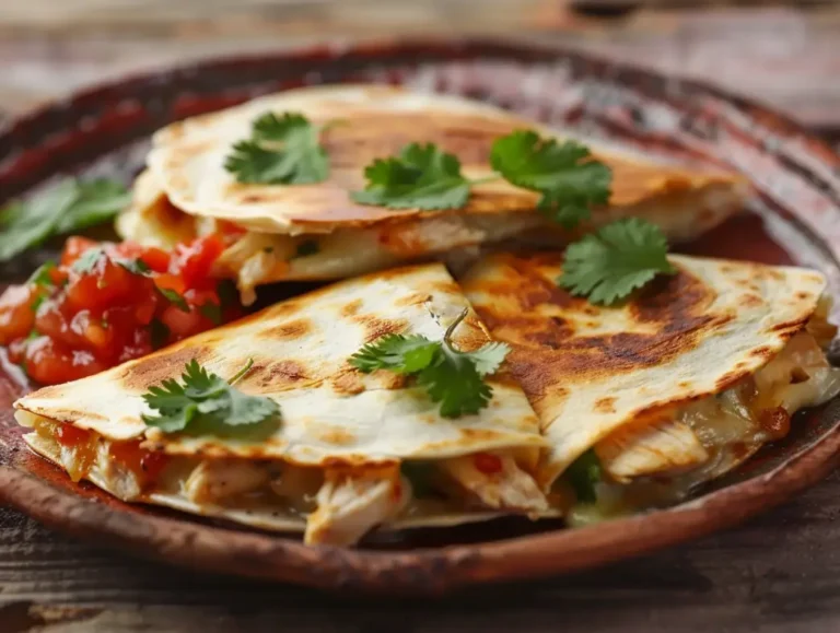Chicken quesadillas cooking in cast iron skillet with fresh ingredients around