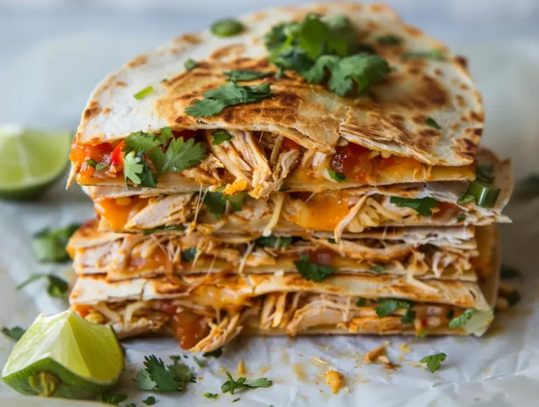Hot chicken quesadillas made with masa harina, served with salsa, guacamole, and jalapeños in a rustic kitchen