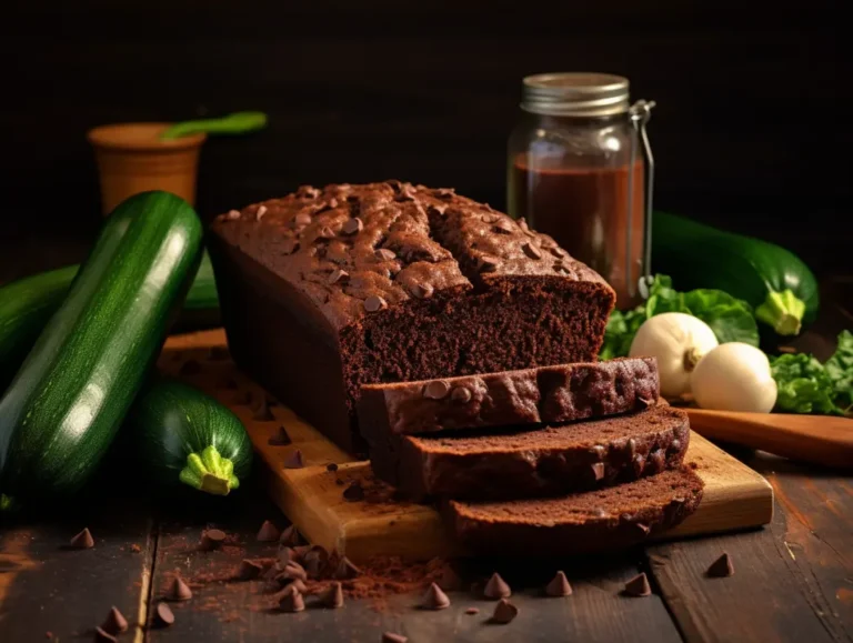 Moist chocolate zucchini bread with melted chips and fresh zucchini on wooden board