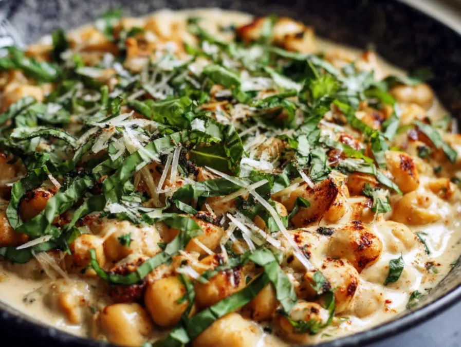 Close-up of creamy marry me chickpeas with basil