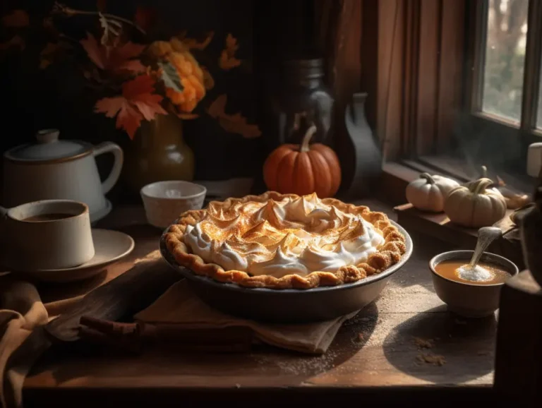 Coffee pumpkin pie with whipped cream, flaky crust and warm autumn colors in rustic kitchen