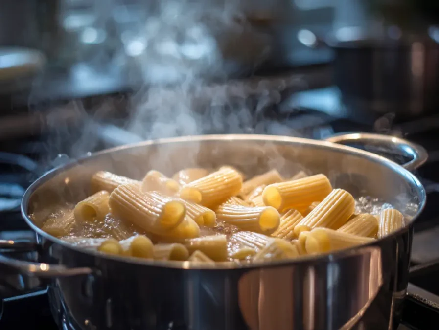 Mezzi rigatoni cooking in pot