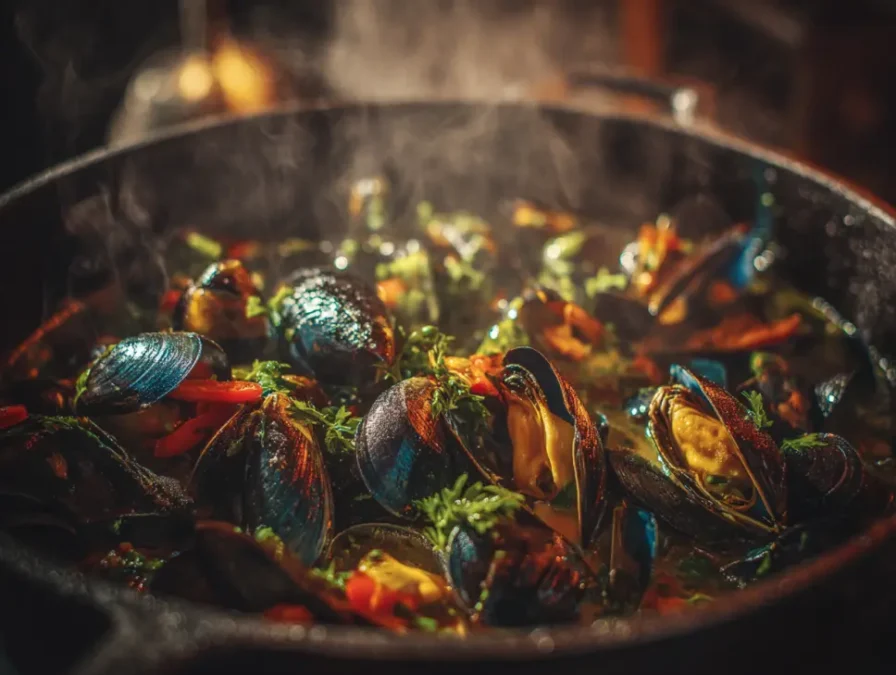 Thai coconut curry mussels cooking in pot.