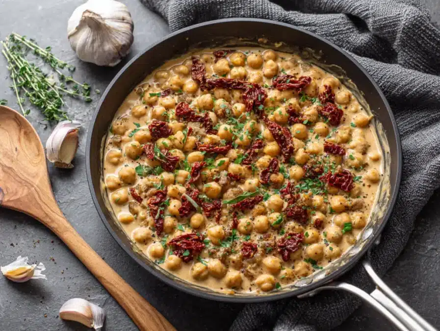 Cozy dinner table with marry me chickpeas and bread