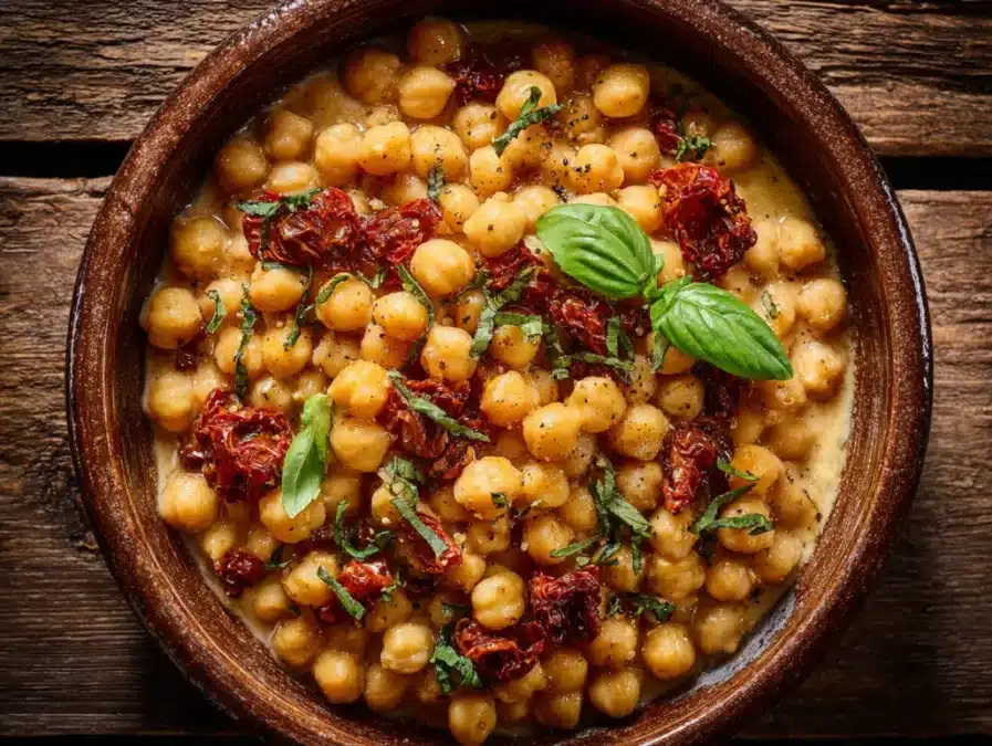 Skillet of with marry me chickpeas herbs and garlic marry me chickpeas