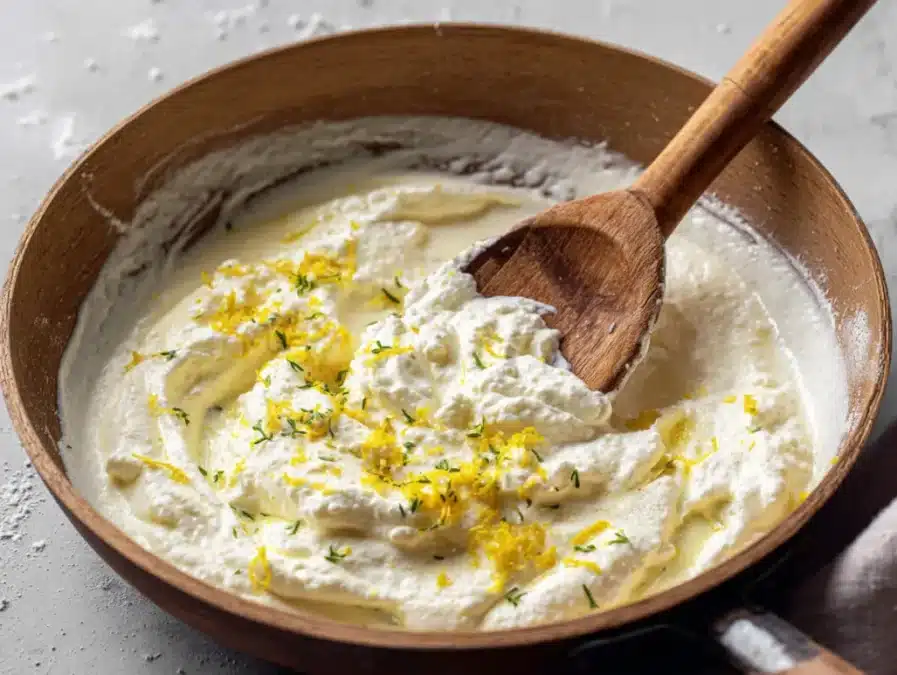 Ricotta lemon sauce in skillet