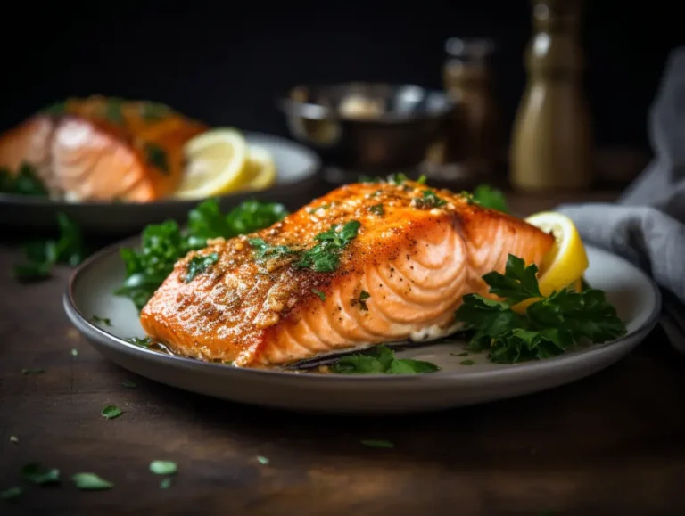 Air fryer salmon fillets with crispy skin, lemon, and green vegetables on white plate