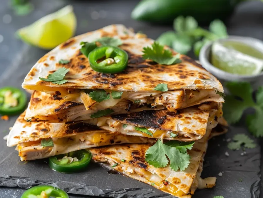 Stack of chicken quesadilla wedges with cheese, jalapeños, and cilantro on a tabletop