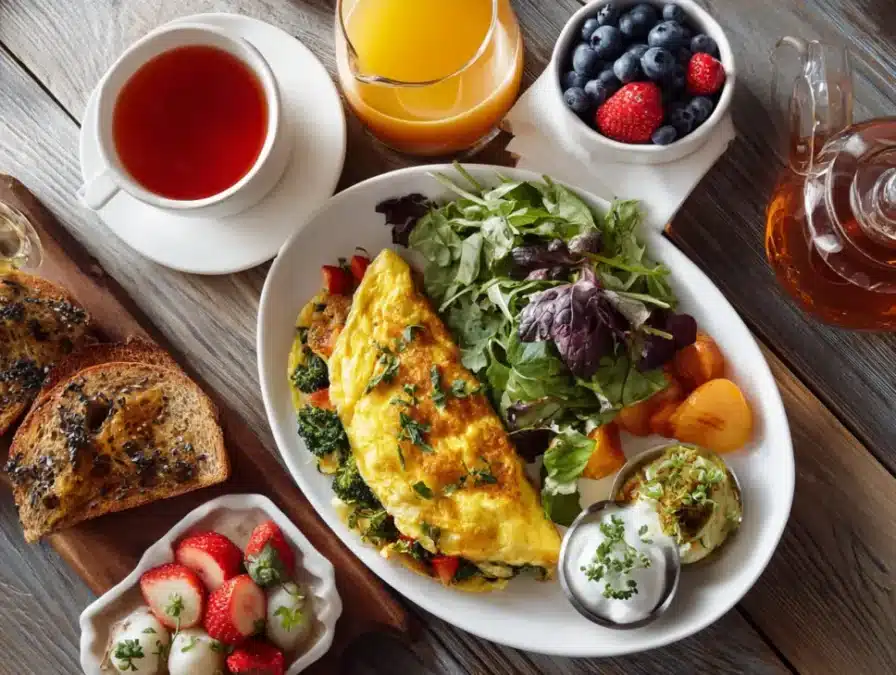 Veggie omelette cooking in skillet with colorful vegetables.