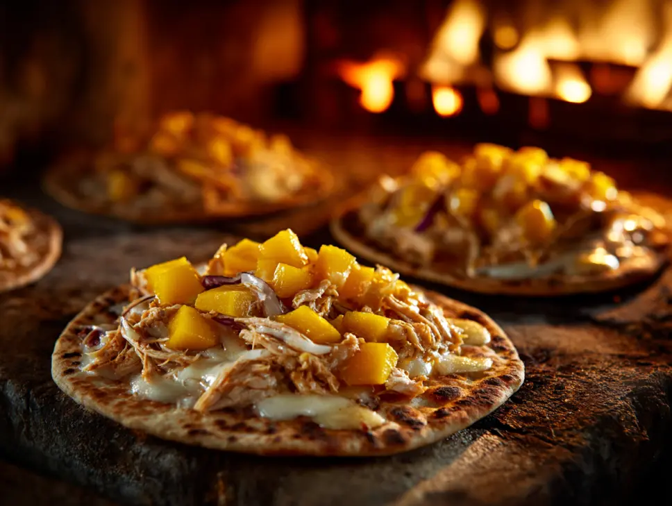 Warm and bubbly mango chicken flatbreads, fresh from the oven, ready to be sliced.