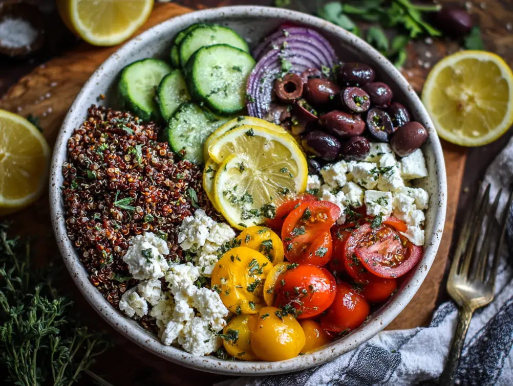 Overhead view of a Mediterranean quinoa power bowl with veggies and feta.