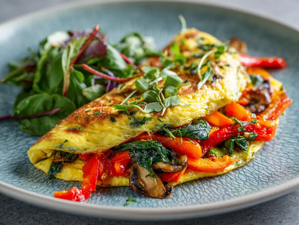 Ingredients for an effortless veggie omelette on a wooden board.