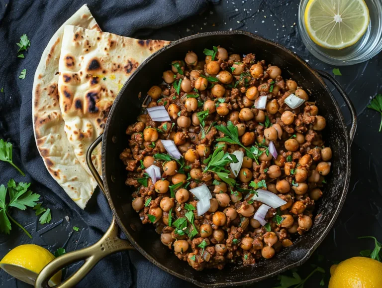 Hearty ground beef and chickpeas served hot with lemon wedges and warm pita bread in a rustic pan