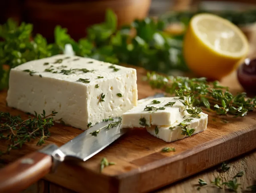 Halloumi cheese block being sliced