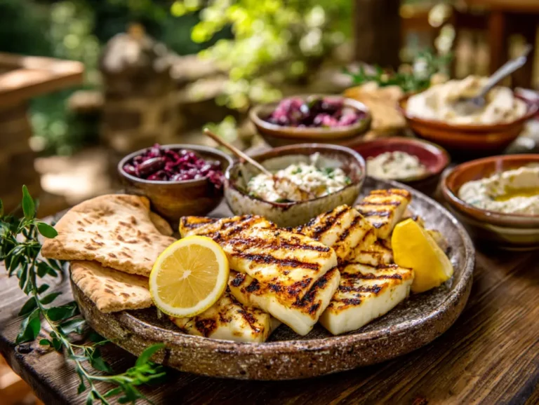 Grilled halloumi platter with dips and pita