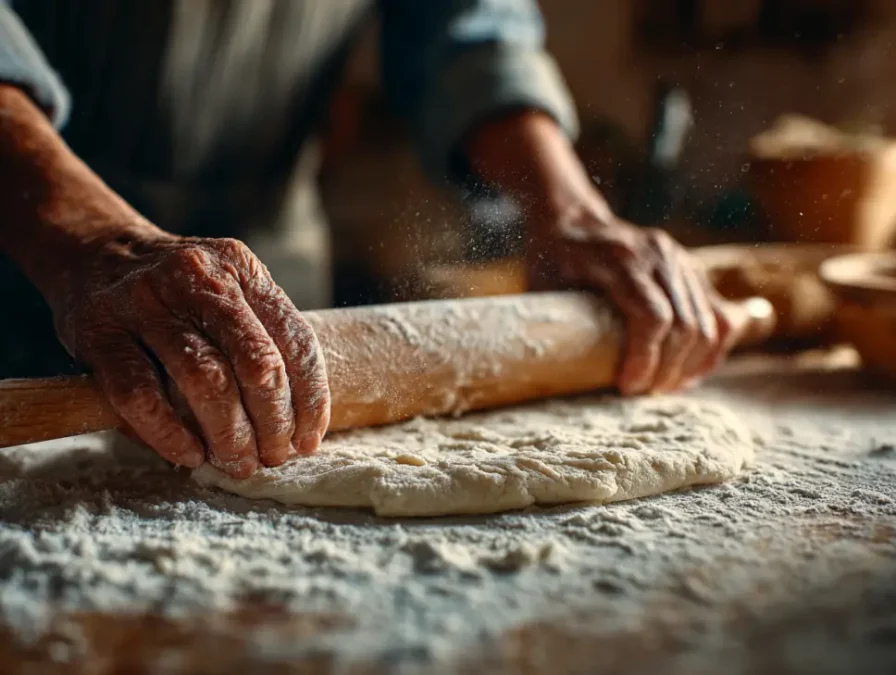 Hands preparing homemade flatbread dough for mango chicken flatbreads.