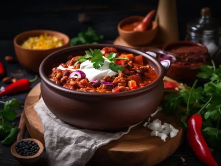 Vegetarian chili in ceramic bowl with toppings and rustic fall background