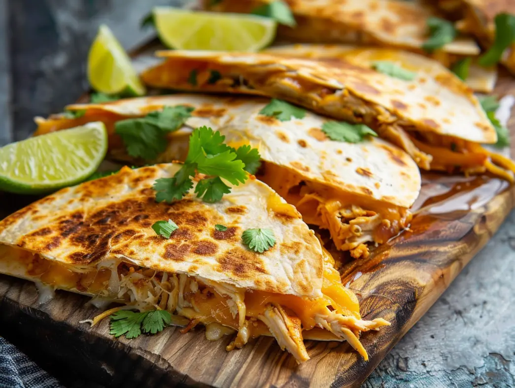 Chicken quesadilla using masa harina tortillas, filled with cheese and chicken, served with lime and cilantro
