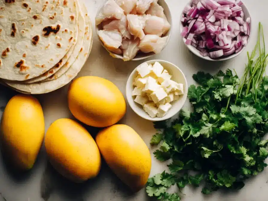 Fresh ingredients laid out for mango chicken flatbreads, including mango, chicken, cheese, and dough.