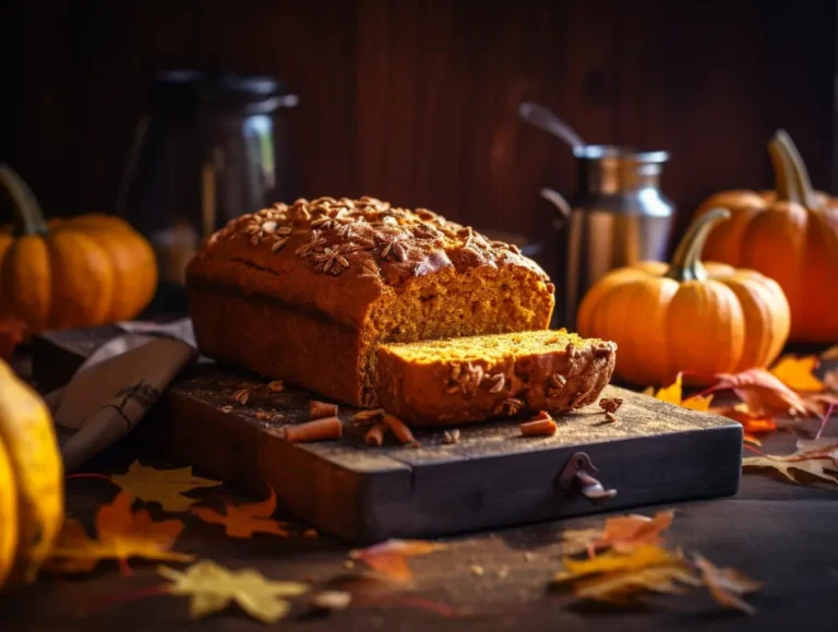Sliced pumpkin bread loaf with golden crumb and warm cozy autumn presentation