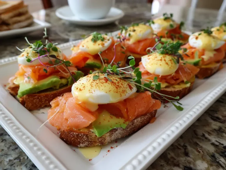 Platter of smoked salmon and avocado eggs royale for serving.