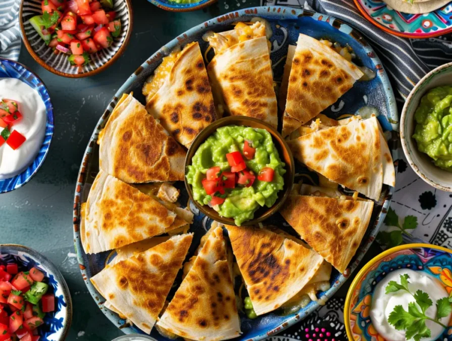 Mini chicken quesadillas with masa harina tortillas on a party platter, with dips and colorful toppings