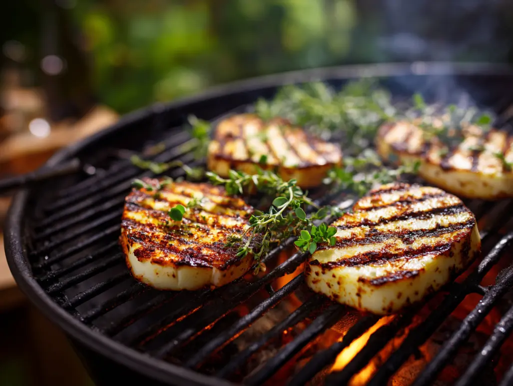 Slices of halloumi cheese grilling over charcoal