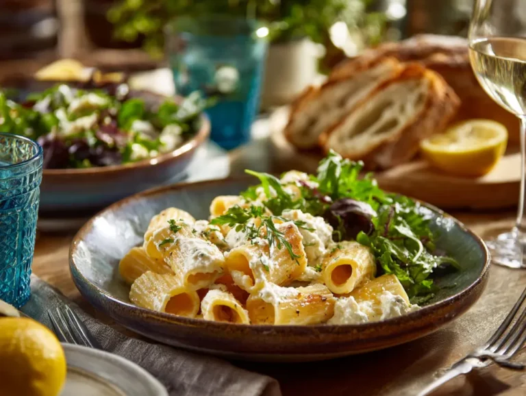 Ricotta lemon mezzi rigatoni with salad