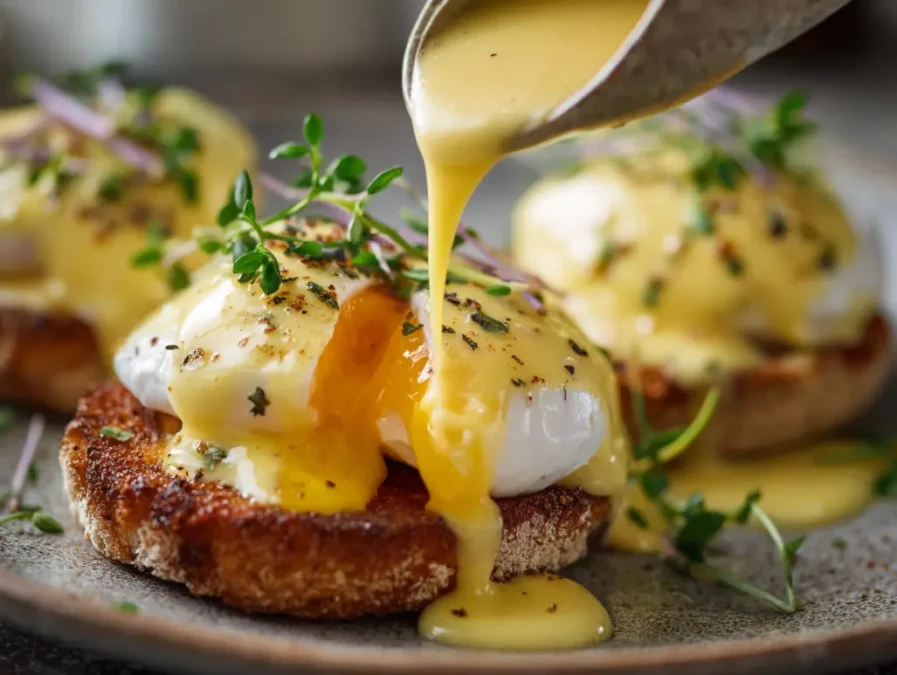 Hollandaise sauce on smoked salmon eggs royale