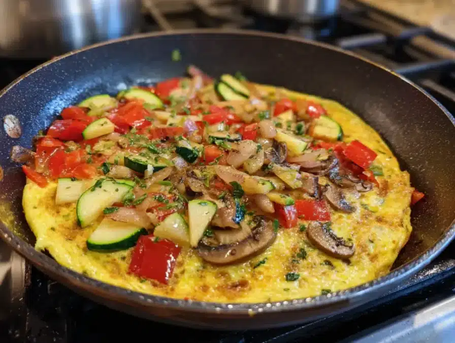 Fresh veggies and raw eggs ready for an omelette.