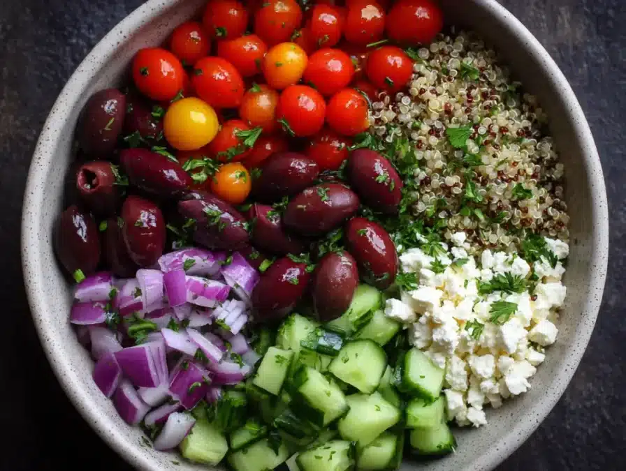 Fresh chopped vegetables for a Mediterranean quinoa power bowl.