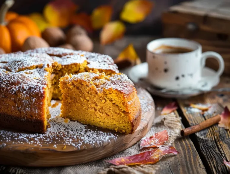 Pumpkin coffee cake topped with cinnamon crumbs on a rustic fall-themed background.