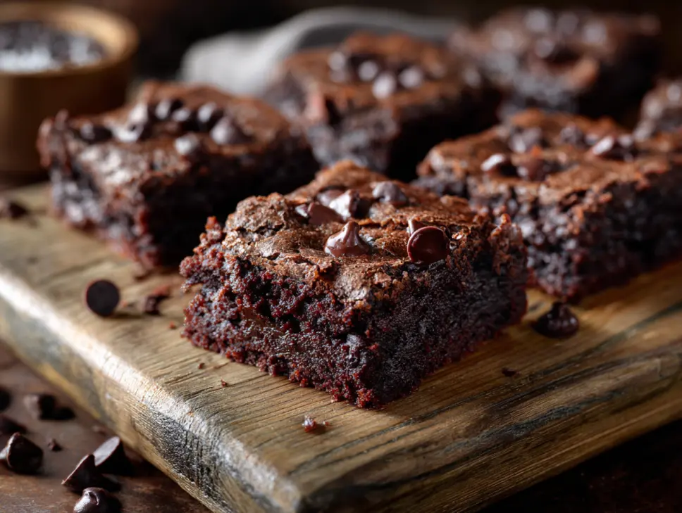 Chocolate zucchini brownies on wooden tray