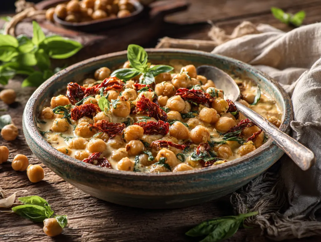 Rustic bowl of marry me chickpeas with fresh basil