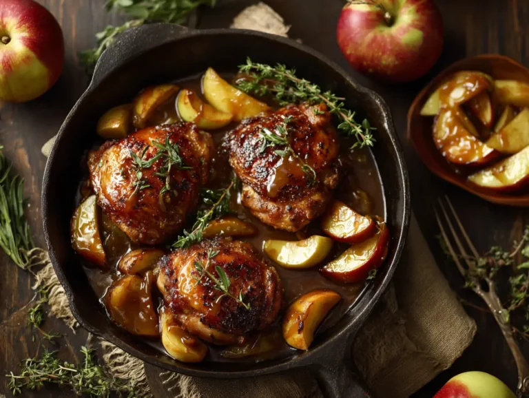 Savory autumn chicken with caramelized apples and fresh thyme in a cozy setting.