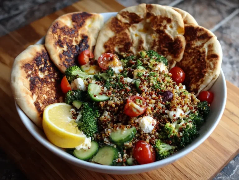 Finished Mediterranean quinoa power bowl with pita bread.