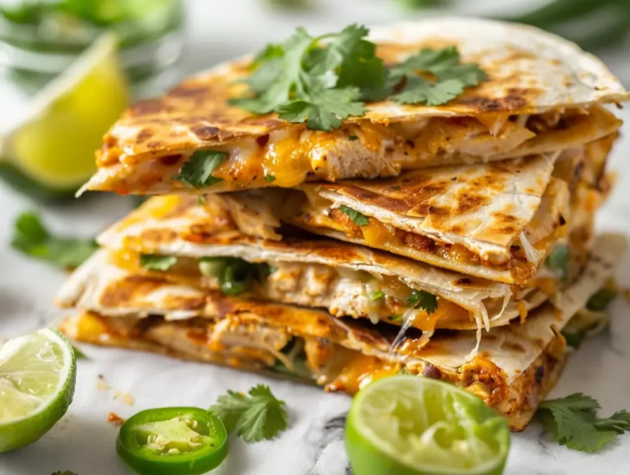 Sliced chicken quesadillas with peppers and cheese, displayed with sauces on a wooden board