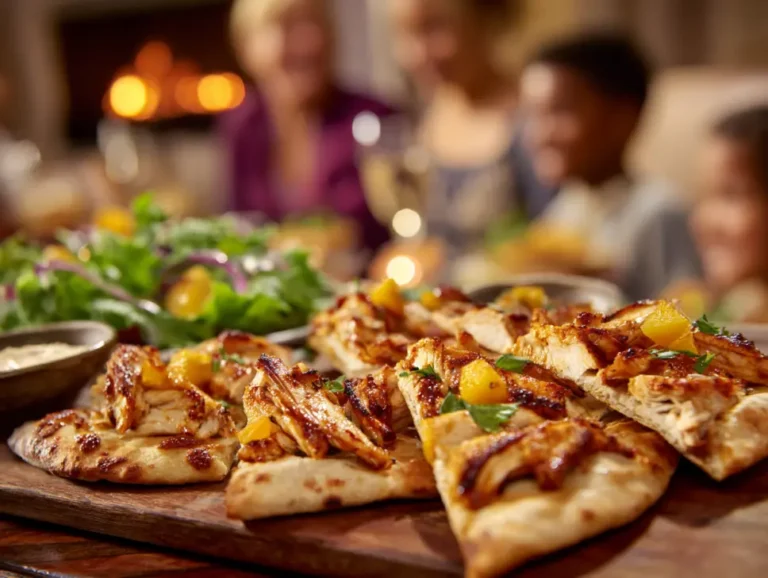Mango chicken flatbread slices arranged on a platter, perfect for sharing.