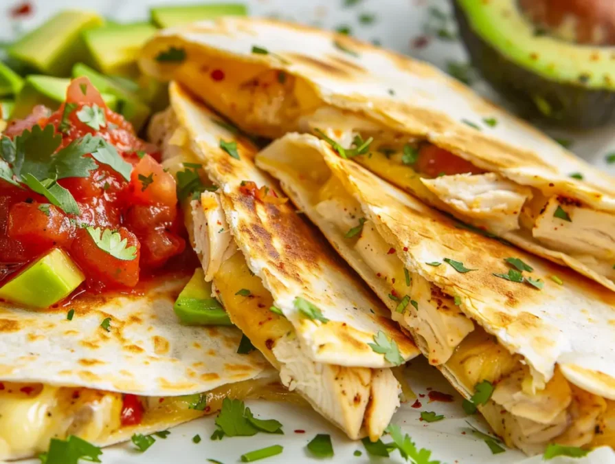 Sliced chicken quesadillas with masa harina, melted cheese, salsa, and avocado on a rustic plate Chicken Quesadilla Using Masa Harina