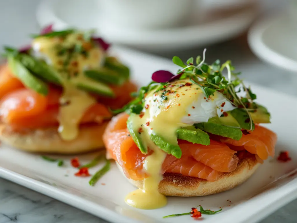 Smoked salmon and avocado eggs royale with hollandaise.