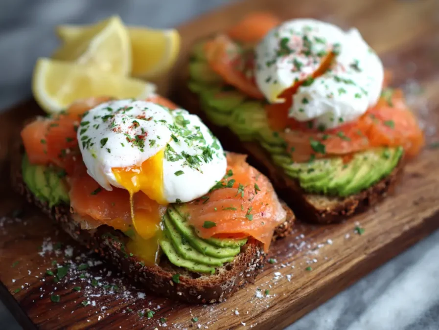 Fresh ingredients for smoked salmon and avocado eggs royale.