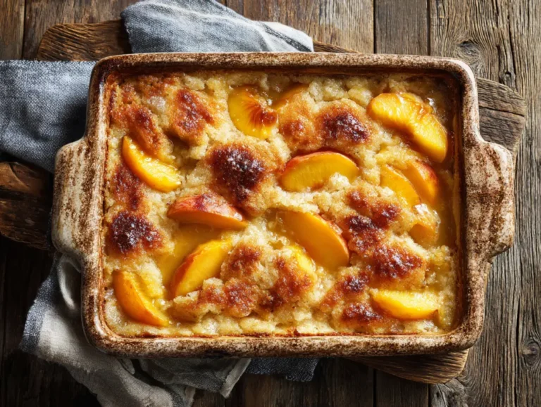 Freshly baked Southern peach cobbler with golden crust and sliced juicy ripe peaches
