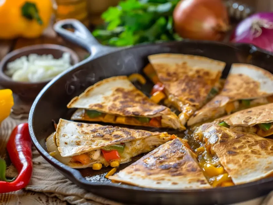 Chicken quesadilla with stretchy cheese and chicken, served with guacamole and sour cream Delightful Chicken Quesadilla