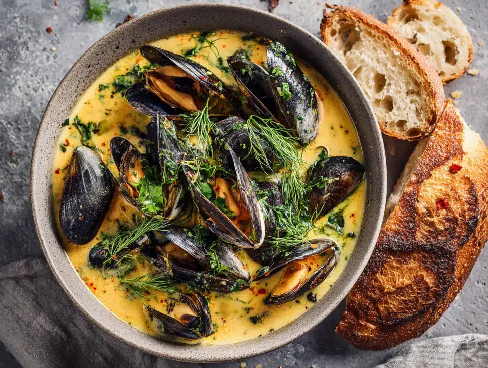 Thai coconut curry mussels in broth with bread.